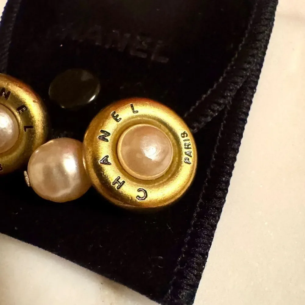CHANEL Gold Plated and Cream Faux Pearl Vintage Cufflinks Authentic